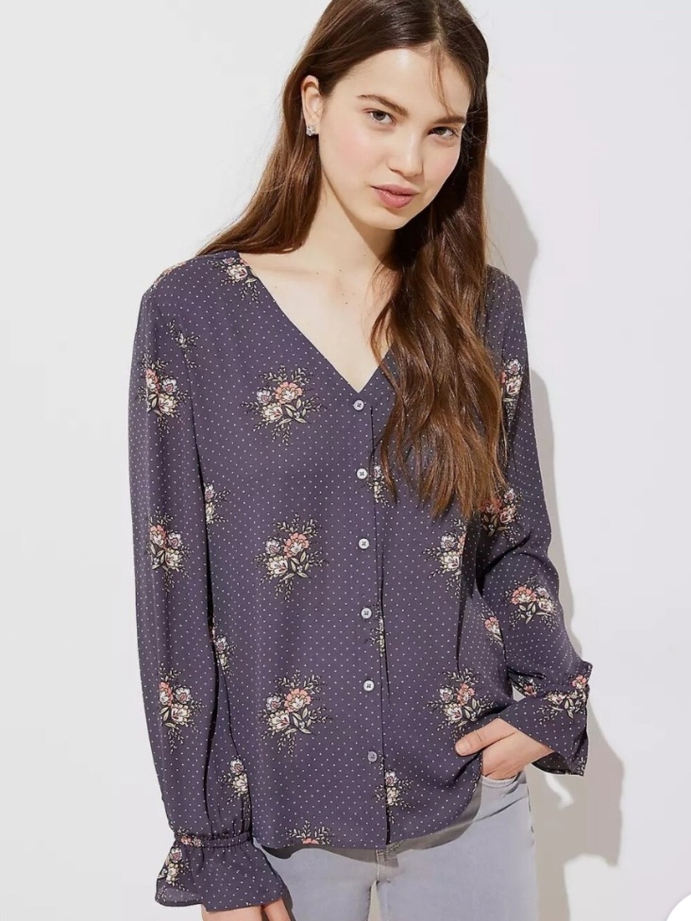 LOFT Gray Polka Dot Floral Button-Front Blouse
